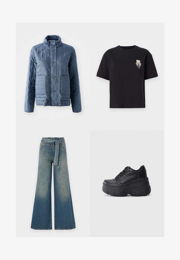 Quiltet jakke i mørkeblå, med høj krave, knapper og to forlommer. Blødt stof med en tekstureret, isoleret fremtoning.; Sort bomulds T-shirt med rund hals og korte ærmer, prydet med et lille hjerte design glimrende med rhinsten på venstre bryst.; Bredbens-denimbukser med en lys til mørk blå gradient, høj talje, bælteløkker og et matchende stofbælte. Tekstureret denimfinish.; Sorte snørebåndssneakers med en kraftig sål, der har en glat læderoverdel, rund tå og et markant lagdelt plade-design.
