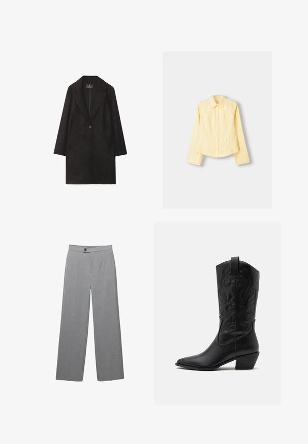 Črn volnen plašč z izrezanim ovratnikom, zapiranjem na en gumb in dvema sprednjima žepoma. Ravna silhueta z dolgimi rokavi.; Rumena srajca z dolgimi rokavi, s koničastim ovratnikom in sprednjim gumbom za zapiranje. Ima vertikalne modre črte in prilega se.; Sive krojene hlače s širokimi nogavicami, ravnim sprednjim delom in subtilno teksturo. Imajo en gumb za zapiranje in čiste linije.; Črne usnjene kavalirske čevlje s koničastim nosom, embosiranimi valovitimi vzorci in srednje visokim peto. Imajo zanko za enostavno obuvanje.