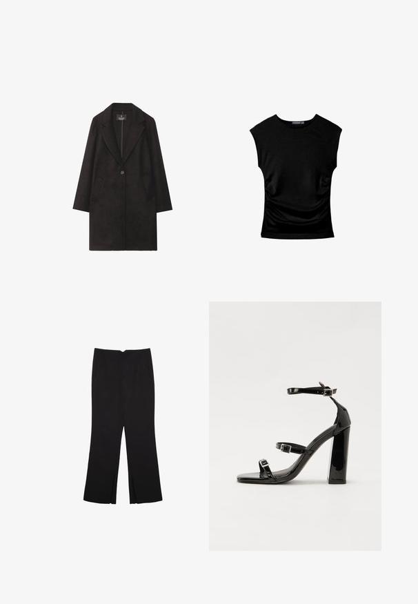 Sort uldfrakke med slået krave, enkelt knaplukning og to frontlommer. Lige silhuet med lange ærmer.; Sort kortærmet tætsiddende top med rund halsudskæring og let rynkedetalje på begge sider, lagt fladt på hvid baggrund.; Sorte bukser med lige pasform, der har frontlommer og slidser i kanten. Lavet af blødt, glat stof. Velegnet til forskellige anledninger.; Sorte laklædersandaler med høje hæle, to spænderemme, firkantet tå og en kraftig blokhæl, der har en glat, blank overflade.