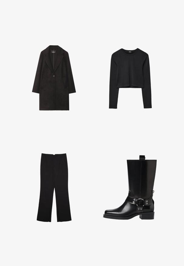 Musta villakangastakki, jossa on viistetty kaulus, yksittäinen napitus ja kaksi etutaskua. Suora siluetti ja pitkät hihat.; Mustat pitkät hihat lyhyt toppi, jossa on pyöreä kaula-aukko, yksinkertainen muotoilu ja hieman kaareva helma.; Mustat housut suoralinjaisella leikkauksella, joissa on etutaskut ja sivurei'ät helman alla. Valmistettu pehmeästä ja sileästä kankaasta. Sopii eri tilaisuuksiin.; Musta nahkasaapas polven yläpuolelle, jossa on terävä kärki, hopeiset solkiyksityiskohdat ja paksu korko. Varustettu vetotapilla helppoa pukemista varten.