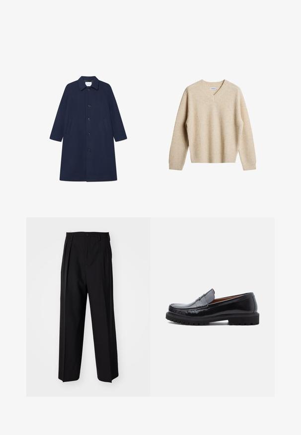 Navy wool blend coat with a button closure, long sleeves, and side pockets. Features a classic collar and a knee-length design.; Beige, ribbed knit sweater with a V-neck and long sleeves. Features a relaxed fit and textured fabric for added warmth and comfort.; Black pleated trousers with a straight, wide-leg design. Made from smooth fabric, featuring a button closure and belt loops.; Black leather penny loafer with chunky rubber sole and moc toe stitching, shown in profile on a white background.