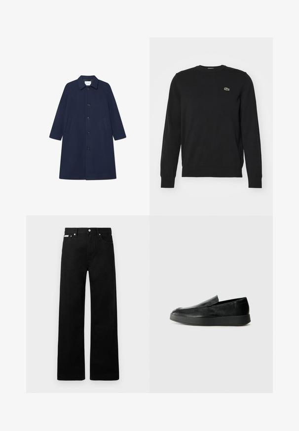 Cappotto in misto lana blu navy con chiusura a bottoni, maniche lunghe e tasche laterali. Presenta un colletto classico e un design lungo fino al ginocchio.; Maglione nero a girocollo realizzato in tessuto a maglia con polsini e orlo a coste. Presenta un piccolo logo ricamato di un coccodrillo verde sul petto.; Pantaloni in denim nero con design a gamba larga, dotati di cinque tasche e hardware in metallo per i bottoni. Texture liscia, senza motivi visibili.; Calvin Klein HYBRID CUP - Scarpe senza lacci - triple black