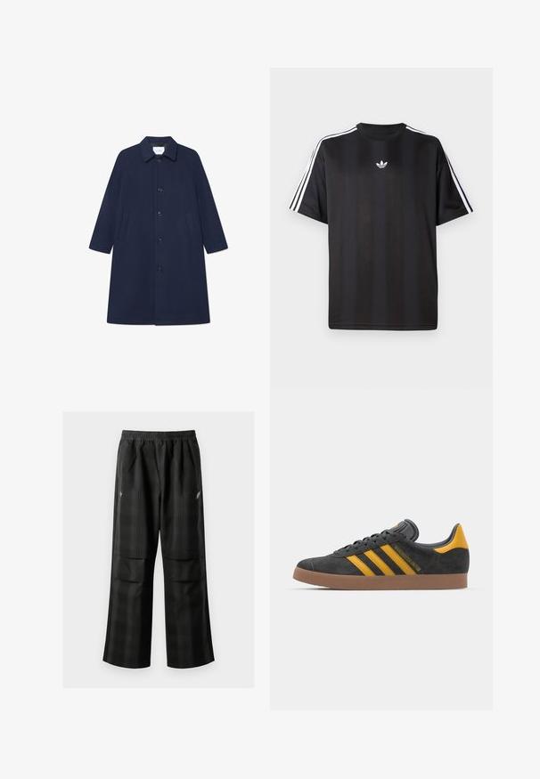 Navy wool blend coat with a button closure, long sleeves, and side pockets. Features a classic collar and a knee-length design.; Black short-sleeve t-shirt with white three-stripe detailing on shoulders and a small white logo on the chest. Smooth fabric texture.; Black plaid pants featuring an elastic waistband, two front pockets, and a loose fit with a straight leg design. Made from lightweight material.; Black suede sneaker with yellow accents, featuring three stripes and a brown rubber sole. Includes a padded tongue for comfort.