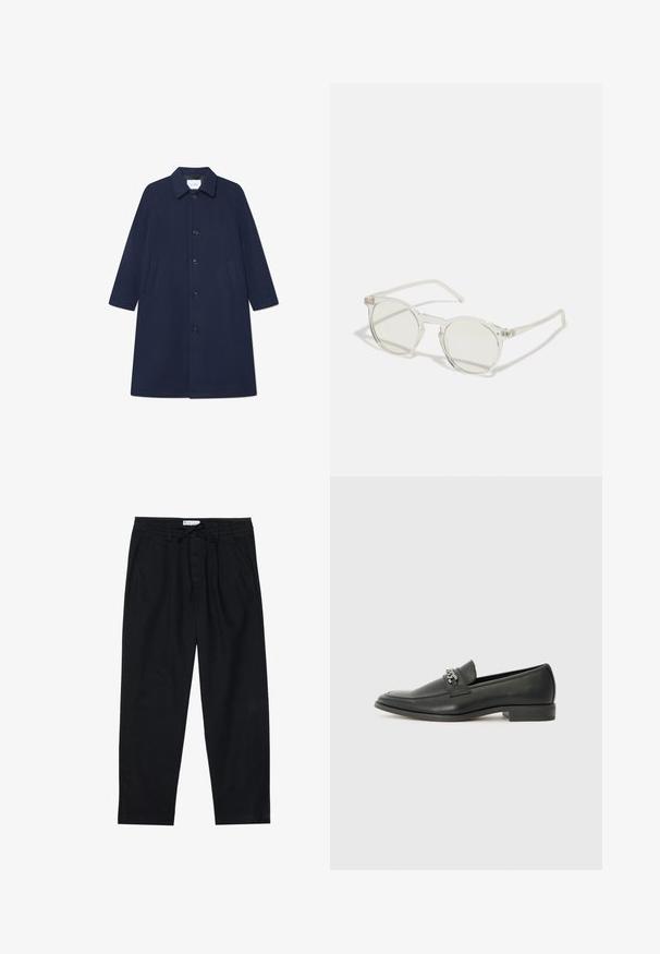 Tumes villa villasegu tugevusega mantel nupukirjaga, pikkade varrukate ja külje taskutega. Omab klassikalist kraed ja põlvekõrgust disaini.; Kaks musta polo särki, lühikeste varrukatega, puuvillane materjal, klassikalise kraega, kahe nupuga kinnitusega, valgete triipudega krae sisepinnal.; Pier One Chino-püksid - black; Must haveate nahkking punased, millel on sile viimistlus, tikitud muster ja dekoratiivne metallkett vampi üle. Tasane konts.; Ümmargused prillid läbipaistva raami, helesiniste läätsede ja õhukeste, selgete tempidega. Raamil on peened metallilised aktsendid.