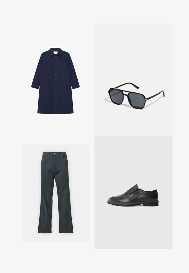 Marineblauer Wollmischungs-Mantel mit Knopfverschluss, langen Ärmeln und seitlichen Taschen. Mit klassischem Kragen und knielangem Design.; Zwei schwarze Polohemden, kurzärmlig, aus Baumwolle, mit einem klassischen Kragen, zwei Knöpfen und weißen Streifenakzenten im Inneren des Kragens.; Schwarze Hose mit geradem Bein, aus einem Baumwollmix. Verfügt über einen Metallknopfverschluss und seitliche Taschen. Keine sichtbaren Muster.; Schwarze Leder-Slipper mit glattem Obermaterial, gesteppten Akzenten, runder Zehenpartie und niedrigem Gummiabsatz. Die Sohle hat ein minimales Profil.; Schwarze Sonnenbrille mit achteckigem Rahmen, dunklen Gläsern, glänzender Oberfläche, dünnen Bügeln und goldenen Akzenten auf der Vorderseite.