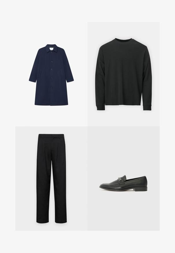 Navy wool blend coat with a button closure, long sleeves, and side pockets. Features a classic collar and a knee-length design.; Long-sleeve black T-shirt made of cotton, featuring a round neckline, loose fit, and ribbed cuffs. Smooth texture with no visible patterns.; Black trousers made of smooth fabric, featuring a straight-leg design, two front pleats, and standard waistband with belt loops.; Black leather loafer with a smooth finish, featuring a stitched design and a decorative metal chain accent across the vamp. Flat heel.