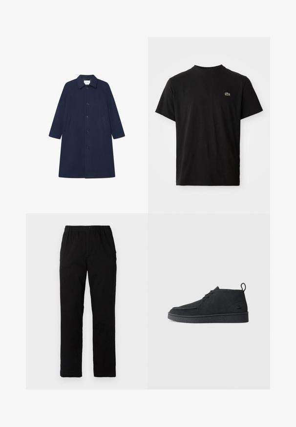 Tamsiai mėlynas vilnos mišinys paltas su mygtukų užtrauktuku, ilgomis rankovėmis ir šoninėmis kišenėmis. Yra klasikinis apykaklė ir kelnių ilgio dizainas.; Juodas trumpomis rankovėmis marškinėliai su apvalia apykakle ir mažas žalias krokodilo logotipas kairėje krūtinės pusėje ant vienspalvio fono.; Juodi kelnės, pagamintos iš medvilnės mišinio, su tiesiomis kirpimo linijomis, elastingu liemeniu su mygtuku ir be aiškių raštų ar akcentų.; Juodas zomšinės odo aulinukas su raišteliais, turintis traukimą ir tekstūruotą pado dalį, su mažuoju įspaustu krokodilo logotipu šone.