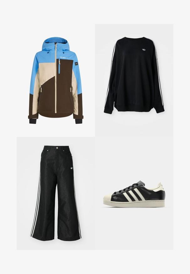 Giacca da sci colorata con design a blocchi di colore blu, marrone e beige. Include una tasca sul petto con zip e polsini regolabili.; Felpa nera oversize in morbido tessuto, con strisce bianche lungo le maniche e un piccolo logo sul petto. Collo tondo.; Pantaloni in denim neri a gamba larga con tre strisce bianche su ciascun lato e un piccolo logo bianco. Presentano tasche frontali e chiusura con bottone.; Sneaker in pelle nera con strisce bianche, punta in gomma, lacci neri e suola di colore crema. Texture liscia con finitura brillante.