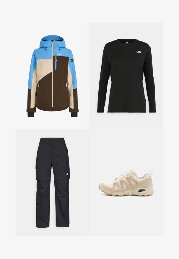 Farebná lyžiarska bunda s modrým, hnedým a béžovým blokovým dizajnom. Obsahuje zipsový náprsní vrecko a nastaviteľné manžety.; Čierne tričko s dlhým rukávom vyrobené z bavlny s okrúhlym výstrihom. Obsahuje malé biele logo na ľavej strane hrudníka. Jednoduchý dizajn a strih.; Čierne nylonové cargo nohavice s odnímateľnými nohavicami, nastaviteľnými manžetami, viacerými vreckami a logom na pravej nohe. Hladká, ľahká textúra.; Beige a krémová športová obuv s textúrovaným sieťovým zvrškom, podporujúcimi prekrytiami a gumovou podrážkou s dezénom pre trakciu.