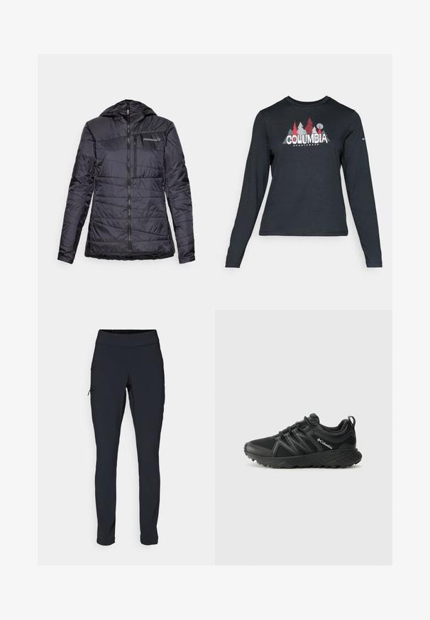 Čierna zateplená bunda s kapucňou, ktorá má horizontálne prešívaný dizajn, zips na prednej strane a mierne sťahovanie na leme. Logo Norrøna na hrudi.; Dlhý rukáv, tmavošedá košeľa s grafikou červených stromov a hôr; logo "COLUMBIA" v tučnom bielom texte. Mäkká tkanina, štandardný okrúhly výstrih.; Čierne športové nohavice so slim fit strihom, elastickým pásom a bočnou vreckou so zipsom. Hladká, elastická tkanina s minimálnymi švami.; Columbia PEAKFREAK - Turistické topánky - black