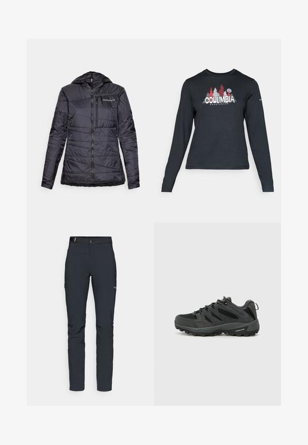 Juoda izoliacija striukė su gobtuvu, turinti horizontaliai siuvinėtą dizainą, užtrauktuką priekyje ir lengvą suspaudimą ties apačia. Norrøna logotipas ant krūtinės.; Ilga rankovė tamsiai pilka marškinėliai su raudonų medžių ir kalnų grafika; drąsaus baltos spalvos teksto "COLUMBIA" logotipas. Minkšta medžiaga, standartinis apvalus kaklas.; Vyrų lauko kelnės, tamsiai pilkos, pagamintos iš elastingos medžiagos, su diržu, užtrauktukais užtraukiamomis kišenėmis ir sustiprinta siūle.; Columbia REDMOND - Turistiniai batai - black/citron haze