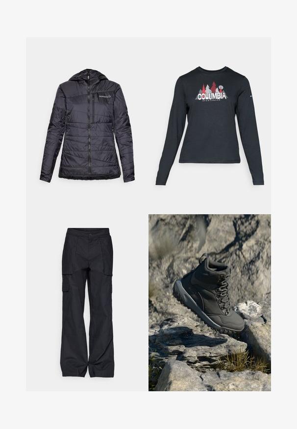 Črna izolirana jakna s kapuco, s horizontalnim quiltanim dizajnom, z zadrgo spredaj in rahlim zategovanjem na robu. Norrøna logotip na prsih.; Majica z dolgimi rokavi temno siva z grafiko rdečih dreves in gora; logotip "COLUMBIA" v krepki beli barvi. Mehka tkanina, standarden krojen ovratnik.; Columbia BREA FALLS™ COTTON RIPSTOP PANT - Hlače za na prostem - black; Temno sivi pohodna čevlja iz sintetičnega materiala, z oblazinjenim ovratnikom, kovinskimi očesi in teksturirano gumijasto podplato za oprijem.