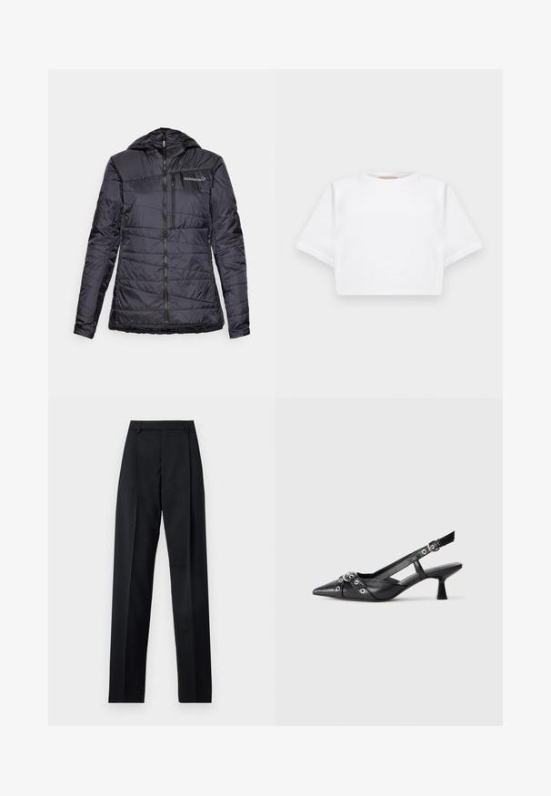 Fekete, szigetelt dzseki kapucnival, vízszintes tűzéssel, cipzáras elülső résszel és enyhe ragasztással az alján. A mellkason a Norrøna logó található.; Rövid ujjú, puha anyagból készült, vágott fehér póló, kör alakú nyakkivágással és bordázott alsó résszel. Egyszerű és díszítetlen kialakítás.; Fekete nadrág sima anyagból, magas derékkal, széles lábakkal, elülső redőkkel és klasszikus övhurkokkal. Oldalzsebek nem láthatók.; Fekete bőr slingback cipő hegyes orral, dekoratív pántokkal, fém szemekkel és alacsony blokk sarkú. Texturált felület.