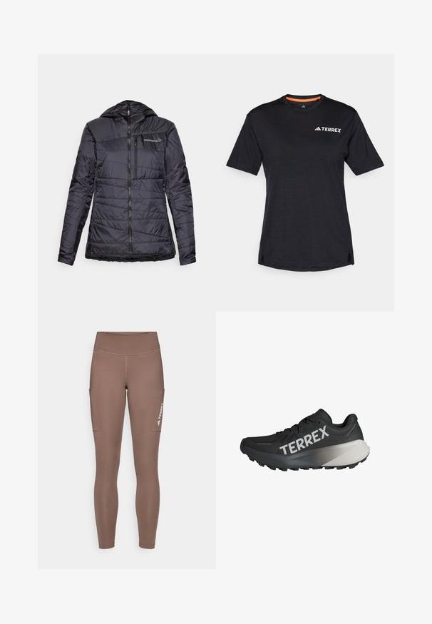 Melnā izolētā jaka ar kapuci, kas aprīkota ar horizontālu izšūšanas dizainu, ar rāvējslēdzēja priekšpusi un nelielu pievilkšanu apakšā. Norrøna logo uz krūtīm.; Melns īsām piedurknēm T-krekls ar apaļu dekoltē, ar smalku heather tekstūru un baltu "TERREX" logo augšējā kreisajā pusē.; Brūnas sporta legingi ar augstu jostasvietu, ar sānu kabatām un baltu logotipu. Gluda, elastīga auduma maksimālai ērtībai un kustību brīvībai.; Melnas skriešanas kurpes ar teksturētu virsu, izteikts "TERREX" logo baltā krāsā, sašaurināts zoles dizains un gradienti pelēks akcents uz papēža.