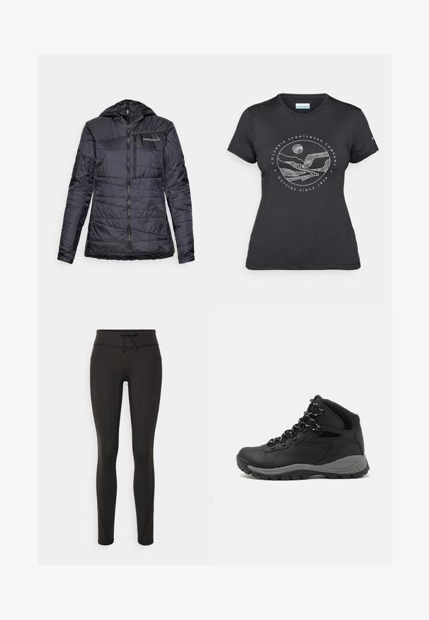 Svart isolerad jacka med huva, med horisontell kviltad design, dragkedja fram och en lätt åtstramning i nederkanten. Norrøna-logga på bröstet.; Svart Columbia-t-shirt med vit cirkulär linjekonst av berg och flod samt texten "Columbia Sportswear Company Outside Since 1938."; Svarta leggings med hög midja, snörning, slät textur och figurnära design. Har sömnadsdetaljer längs sidorna.; Svart vandringskänga med mellanhög design, som har en texturerad överdel, grå accenter och en slitstark gummisula med greppklackar.