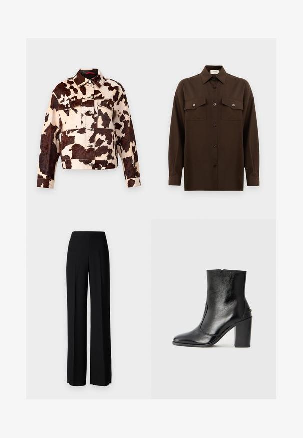 Denim jakna s kravatojem v kravici, z gumbom na sprednji strani, dvema prsnikoma in klasičnim ovratnikom. Ima teksturirane rjave in smetanaste vzorce.; Temno rjav srajca z dolgimi rokavi na gumbe, z dvema žepoma na prsih in klasičnim ovratnikom, prikazana na enotni beli podlagi.; Črne široke hlače z gladko teksturo, z visokim pasom in središnjimi pregibi. Brez vidnih vzorcev ali kovinskih detajlov.; Črne usnjene gležnarske čevlje z gladko teksturo, koničastim nosom in debelim visokim petam. Imajo stransko odprtino in minimalističen dizajn.