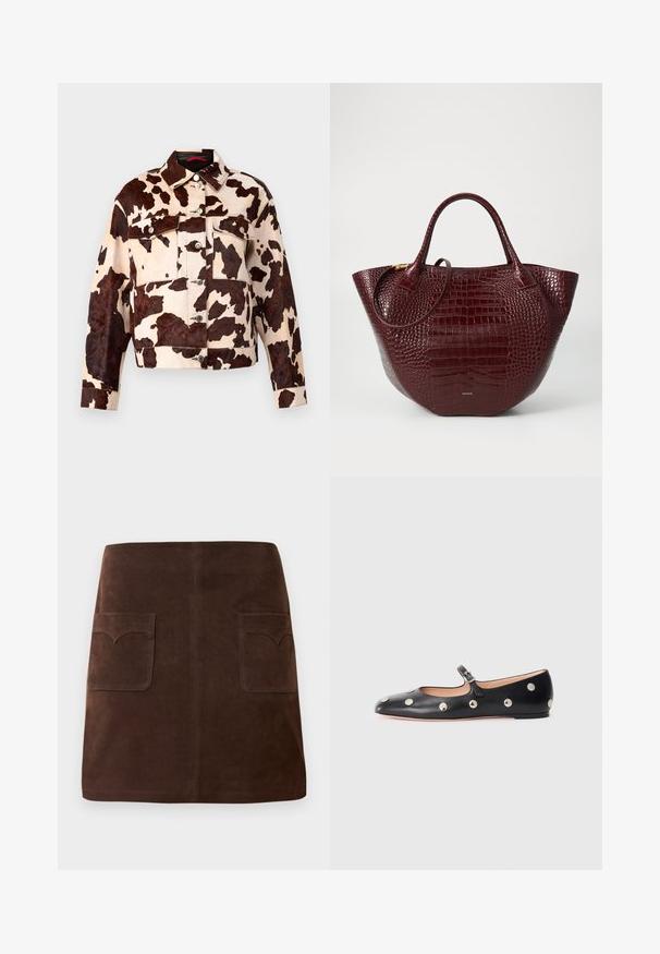 Geacă din denim cu imprimeu de vacă, cu închidere cu nasturi, două buzunare la piept și guler clasic. Prezintă un model texturat în nuanțe de maro și crem.; Top negru cu mânecă lungă și guler înalt, realizat dintr-un material neted, având un guler cu volane și o siluetă ajustată cu margini simple.; Fustă din suede maro cu o formă clasică în A, două buzunare frontale cu clape rotunjite și detalii subtile de cusătură.; Pantofii Mary Jane din piele neagră, cu vârful rotund, decorati cu nasturi circulari argintii și o curea ajustabilă cu cataramă.; Geantă tote din piele cu embosare în formă de crocodil de culoare mărun, cu două mânere, o formă rotundă și un accent subtil din hardware de ton auriu.