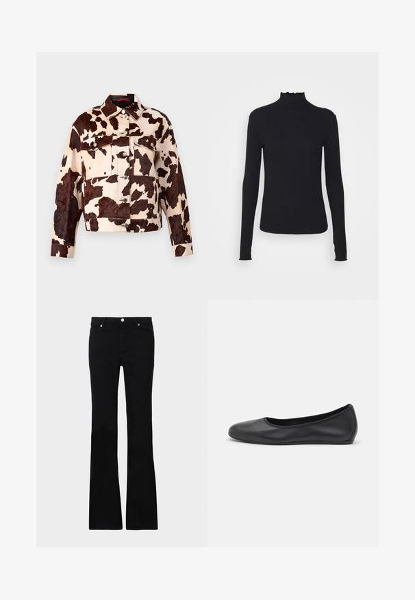 Jeansjacke mit Kuhflecken-Muster, Knopfverschluss, zwei Brusttaschen und klassischem Kragen. Sie hat strukturierte braune und cremfarbene Muster.; Schwarz, langärmliges Turtleneck-Oberteil aus glattem Material, mit einem gerafften Kragen und einer enganliegenden Silhouette mit einfachen Kanten.; Schwarze, ausgestellte Jeans aus Denim, ausgestattet mit zwei Fronttaschen, einem Knopfverschluss und einer glatten Oberfläche. Signatur-Nähte an den Nähten sichtbar.; Schwarze Leder-Ballettschuhe mit abgerundeter Spitze, glatter Textur, minimalen Nähdetails und einem flexiblen Sohlen-Design.