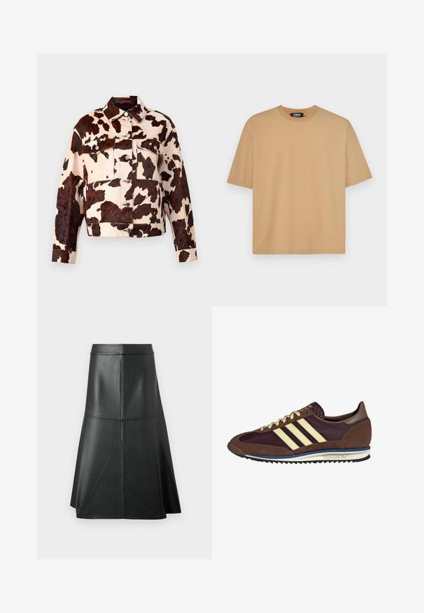 Lehmavärvi ja pruunide laikudega teksajakk, millel on terav krae ja hõbedased nupud esiküljel ning taskutes.; Beesignud puuvillane T-särk, millel on ümar kaelus, lühikesed varrukad ja lõdva istuvus. Sile tekstuur ning õmblused allääres ja varrukatel.; Must musta A-line seelik, sile tekstuur, põlvini pikkus, millel on horisontaalne õmblusdetail vööl ja õmblustes, et anda struktuuri.; Pruun ja burgundi värvi tennised, mis on valmistatud karvase ja võrkmaterjaliga, sisaldavad kolme kreemjat triipu, tekstuurset kangast keelt ja kummist talla.