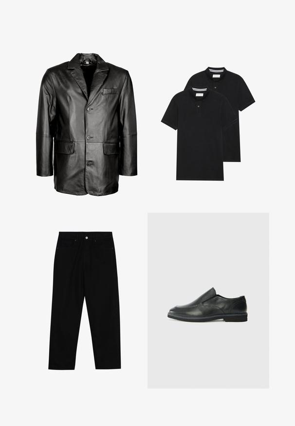 Czarna skórzana marynarka z klapami, zapięcie na dwa guziki, dwie przednie kieszenie i gładka faktura. Dopasowany krój z wysmukłą sylwetką.; Dwie czarne koszulki polo z krótkim rękawem, wykonane z materiału bawełnianego, z klasycznym kołnierzykiem, z zapięciem na dwa guziki oraz białymi paskami wewnątrz kołnierza.; Czarne spodnie dżinsowe w klasycznym kroju prostym, z pięcioma kieszeniami i zapięciem na guzik z przodu. Gładka tekstura z minimalnymi detalami szwy.; Czarne skórzane buty wsuwane z gładką cholewką, przeszyciami, okrągłym noskiem i niskim gumowym obcasem. Podeszwa ma minimalny bieżnik.
