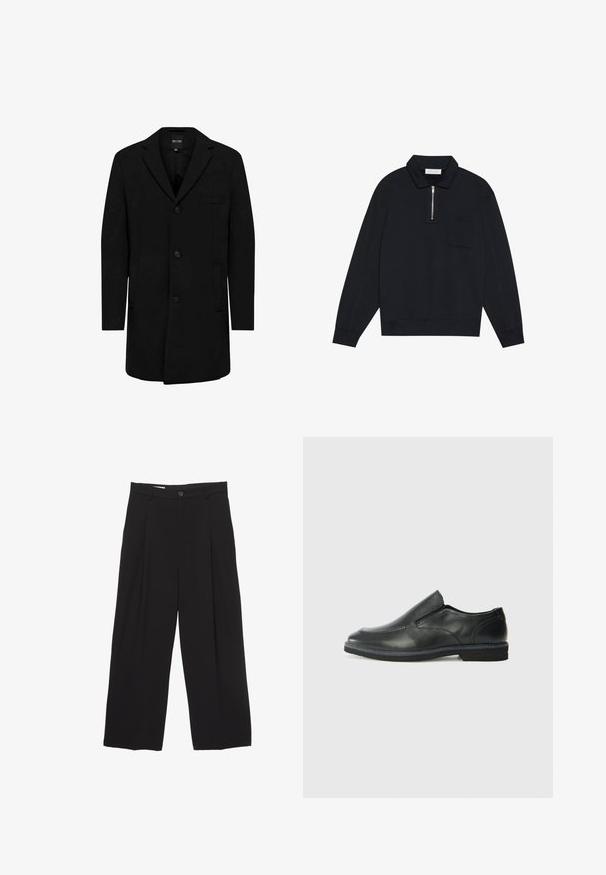 Schwarzer Mantel aus einem Wollmischgewebe mit einem taillierten Design; verfügt über einen Ein-Knopf-Verschluss, Reverskragen und Seitentaschen. Glatte Textur.; Pier One Sweatshirt - black; Schwarze weit geschnittene Hose aus glattem Stoff, mit flachem Taillenbund, vorderen Falten und einer einzigen Knopfverschlus.; Schwarze Leder-Slipper mit glattem Obermaterial, gesteppten Akzenten, runder Zehenpartie und niedrigem Gummiabsatz. Die Sohle hat ein minimales Profil.