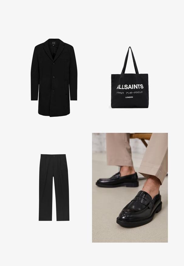 Cappotto nero in misto lana con design su misura; presenta una chiusura a bottone singolo, rever a punta e tasche laterali. Texture liscia.; Set di otto t-shirt nere in cotone con maniche corte e collo a giro, caratterizzate da un design semplice e una texture morbida.; Pantaloni neri con un design a gamba dritta, realizzati in un tessuto liscio. Presentano pieghe frontali e una chiusura a un bottone in vita.; Mocassini in pelle nera con finitura liscia, dotati di una cintura decorativa e cuciture a contrasto, abbinati a pantaloni beige.; Borsa a tracolla nera in tela con grande testo bianco "ALLSAINTS" e testo più piccolo in giapponese con "LONDRA" in basso. Due manici lunghi.