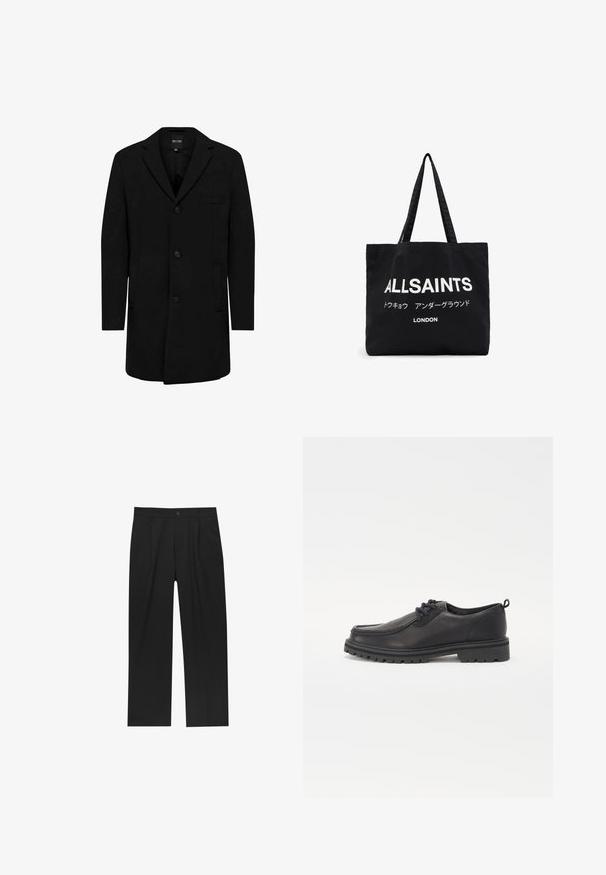 Palton negru realizat dintr-un amestec de lână, cu un design croit; dispune de o închidere cu un singur nasture, rever cu tăietură și buzunare laterale. Textură netedă.; Set de opt tricouri negre din bumbac cu mâneci scurte și gât rotund, având un design simplu și o textură moale.; Pantaloni negri cu un design drept, fabricați dintr-un material neted. Au plisse în față și un sistem de închidere cu un singur buton la talie.; Pantofi din piele neagră cu vârf rotund, cusături texturate, design cu profil redus și talpă din cauciuc cu adâncimi pentru tracțiune.; Geantă de tote din pânză neagră, cu text alb îndrăzneț "ALLSAINTS" și text mai mic în japoneză, precum și "LONDON" în partea de jos. Două mânere lungi.