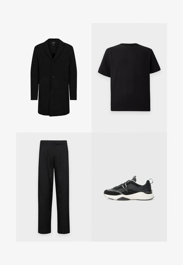 Zwarte jas gemaakt van een wolmix met een getailleerd ontwerp; beschikt over een enkele knoopsluiting, notch-klepels en zijzakken. Glad textuur.; Zwarte T-shirt met korte mouwen van gemerceriseerd stof, met een ronde halslijn en een relaxte pasvorm. Eenvoudig, zonder patronen of accenten.; Zwarte broeken van gladde stof, met een recht model, twee voorknikken en een standaard tailleband met riemlussen.; Zwarte sneaker met een mix van suede en mesh materialen, chunky witte zool en reflecterende accenten. Vetersluiting ontwerp met een trekhaak.