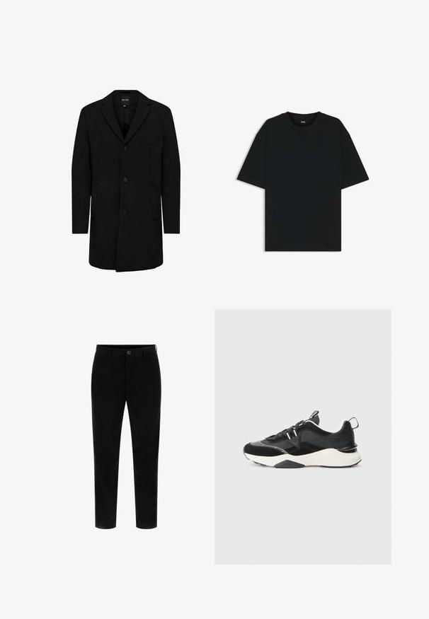 Zwarte jas gemaakt van een wolmix met een getailleerd ontwerp; beschikt over een enkele knoopsluiting, notch-klepels en zijzakken. Glad textuur.; Zwarte katoenen T-shirt met een ronde hals en korte mouwen. Heeft een losse pasvorm en een eenvoudig ontwerp zonder patronen of accenten.; Zwarte katoenen broek met een getailleerde pasvorm, voorzien van een sluiting met een knop aan de voorkant en een gladde textuur, die een strakke en minimalistische uitstraling biedt.; Zwarte sneaker met een mix van suede en mesh materialen, chunky witte zool en reflecterende accenten. Vetersluiting ontwerp met een trekhaak.