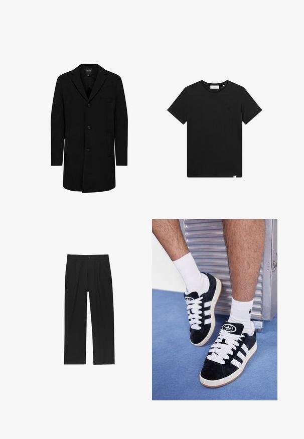 Cappotto nero in misto lana con design su misura; presenta una chiusura a bottone singolo, rever a punta e tasche laterali. Texture liscia.; T-shirt nera a maniche corte in cotone, con scollatura rotonda e un piccolo logo ricamato sul petto. Tessuto liscio, vestibilità standard.; Pantaloni neri con un design a gamba dritta, realizzati in un tessuto liscio. Presentano pieghe frontali e una chiusura a un bottone in vita.; Sneakers in suede nero con lacci bianchi e tre strisce bianche. Presentano un logo circolare nero sulla linguetta e una suola in gomma color gomma.