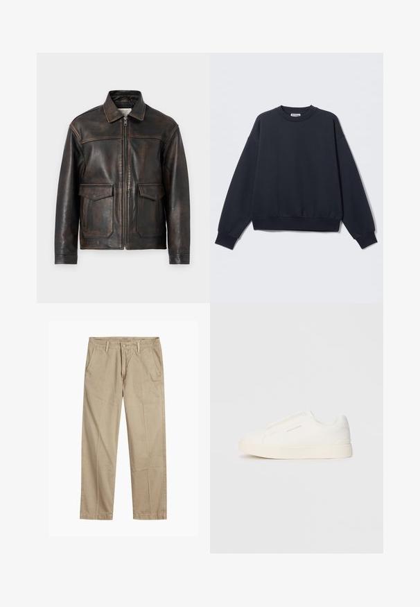 Jack & Jones PREMIUM JPRCCWALLACE brązowy; Ciemnogranatowa bluza wykonana z mieszanki bawełny, z okrągłym dekoltem, opuszczanymi ramionami, ściągaczami na mankietach i elastycznym dołem. Minimalistyczny design.; Beżowe chinosy o prostym kroju z pętlami na pasek, przednim zapięciem na guzik i zamek błyskawiczny oraz skośnymi kieszeniami z przodu.; Białe sneakersy wsuwane z teksturowanej powierzchni, grubą podeszwą i minimalistycznym designem. Zawierają logo marki z boku.