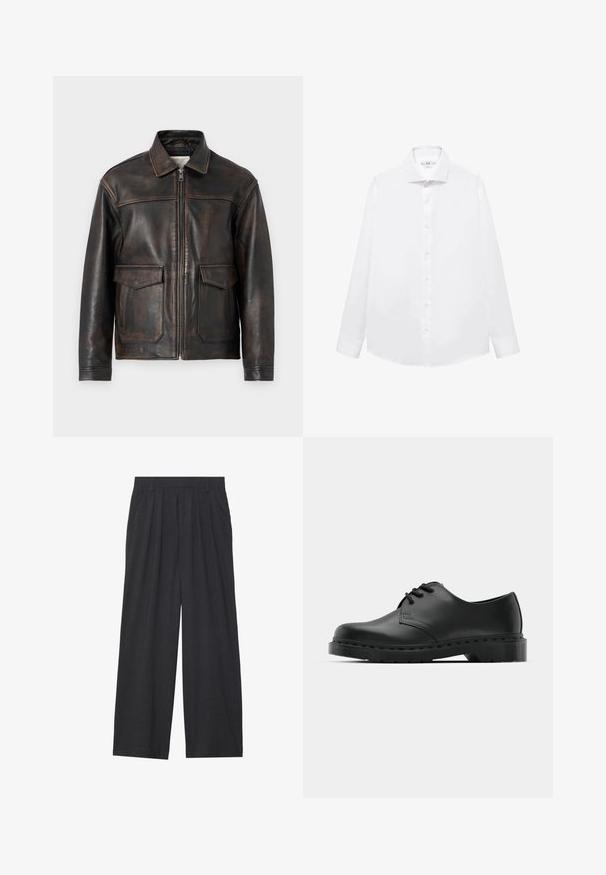 Jack & Jones PREMIUM JPRCCWALLACE - Leren jas - brown stone; Witte lange mouwen overhemd gemaakt van zachte katoen, met een puntige kraag, voorknopsluiting en rechte zoom.; Wijd-uitlopende broeken van donkergrijze stof. Kenmerken zijn plooien bij de taille, een tailor-made ontwerp en een rechte silhouet.; Zwarte leren oxford schoenen met vetersluiting, ronde neus, platte rubberen zool en subtiele stiksel details langs het bovenwerk.