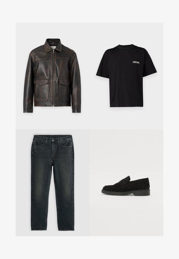 Jack & Jones PREMIUM JPRCCWALLACE - Ādas jaka - brown stone; Melna kokvilnas T-kreklu ar īsām piedurknēm, apaļu kakla izgriezumu un baltu un zeltītu tekstu drukāšanu kreisajā krūtīs, ar brīvu piegriezumu.; Tumši zili džinsi ar taisnu kāju griezumu, ar piecām kabatām, rāvējslēdzēju un kontrastējošām diegvīlēm. Auduma viegla izbalēšana.; Melni zamšādas loafers ar zemu papēdi, kas aprīkoti ar vienkāršu joslu pāri augšai un teksturētu detalizāciju sānos.