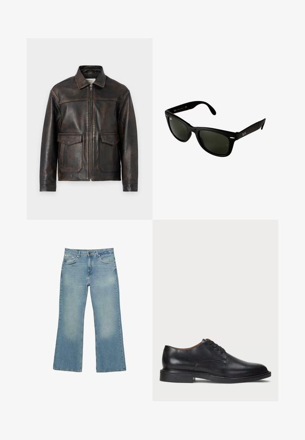 Jack & Jones PREMIUM JPRCCWALLACE - Leren jas - brown stone; Witte lange mouwen henley shirt met drie knopen en een ronde halslijn, weergegeven op een effen witte achtergrond.; Lichtblauwe denim wijde jeans met vijf zakken, knoopsluiting en subtiele vervaging, met een ruwe zoom en stevige stiksels.; Zwart leren dresschoen met een ronde neus, vetersluiting en een lage gestapelde hak. Gladde textuur met minimale stiksels.; Zwarte kunststof zonnebril met donkergroene lenzen. Het vierkante frameontwerp heeft zilveren accenten en een reliëflogo op de poot.