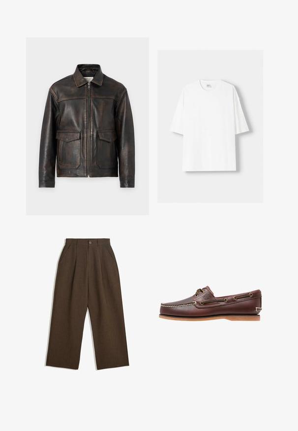 Jack & Jones PREMIUM JPRCCWALLACE - Kožená bunda - brown stone; Biela tričko s krátkym rukávom vyrobené z bavlny, s okrúhlym výstrihom a voľným strihom. Hladká textúra, bez viditeľných vzorov alebo akcentov.; Hnedé plisované nohavice s širokým strihom, vybavené zapínaním na gombík a bočnými vreckami, vyrobené z textúrovaného materiálu vhodného na neformálne nosenie.; Hnedé kožené lodné topánky s bielym prešitím, hnedými šnúrami a svetlohnedou gumovou podrážkou. Na boku sa nachádza logo a kovové očká na šnúrky.