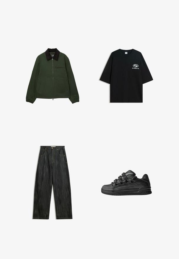 Groene jas met een zwarte ribgebreide kraag, voor sluiting met rits en twee zijzakken met elastische manchetten, ontworpen voor een relaxte pasvorm.; Zwarte oversized katoenen t-shirt met een ronde halslijn en korte mouwen, met een witte "Shibuya" logo gedrukt op de voorkant.; Donkerdenim jeans met een losse pasvorm, voorzien van subtiele verticale textuur, gele stiksels, vijf zakken en een klassieke knoopsluiting.; Zwarte sneakers met een glad leren bovenwerk, gearceerde accenten en ronde zwart-witte veters. Dikke rubberen zool met een geprofileerd loopvlak.