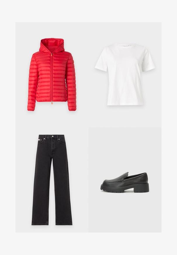 Save the duck DAISY - Casaco leve - jack red; T-shirt de algodão branco com mangas curtas, decote redondo e um corte descontraído. Textura suave, sem padrões ou detalhes, design minimalista.; Jeans de perna larga pretos feitos de denim, apresentando uma cintura alta, estilo de cinco bolsos e um fecho em botão de metal com costura contrastante.; Mocassins de couro preto com bico arredondado, sola espessa e texturizada, e detalhes de costura minimalistas. Design elegante sem atacadores ou ferragens visíveis.