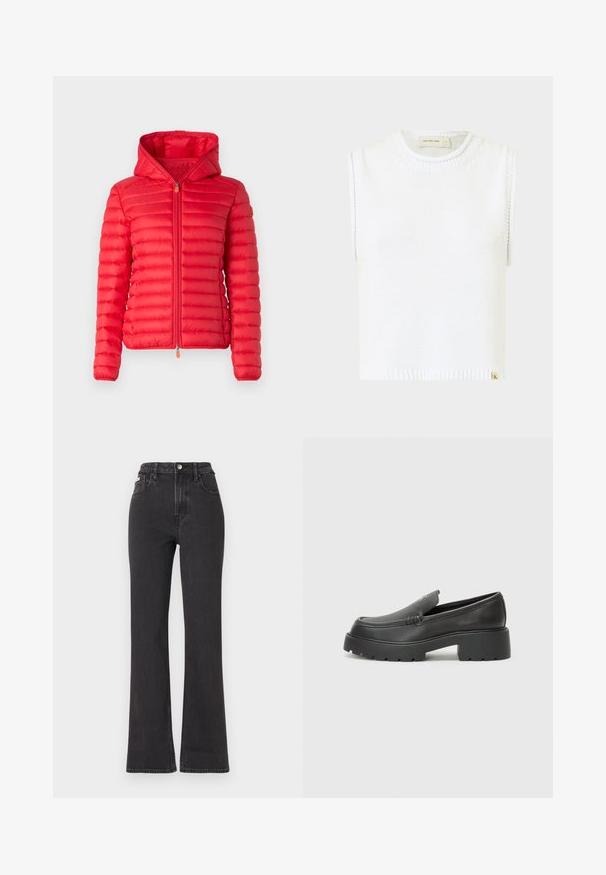 Save the duck DAISY - Lahka jakna - jack red; Bela brezrokavna pletena majica s krožnim izrezom, rebrastim robom in stranskimi šivi; vsebuje majhno blagovno oznako na dnu.; Črne kavbojke s visokim pasom in razširjenimi hlačnicami, narejene iz denima, z gumbom za zapiranje, zankami za pas in stranskimi žepi. Gladka tekstura z minimalnim bledenjem.; Črne usnjene loafers čevlje z zaobljenim nosom, debelim teksturiranim podplatom in minimalnimi šivi. Elegantna zasnova brez vidnih vezalk ali kovinskih delov.