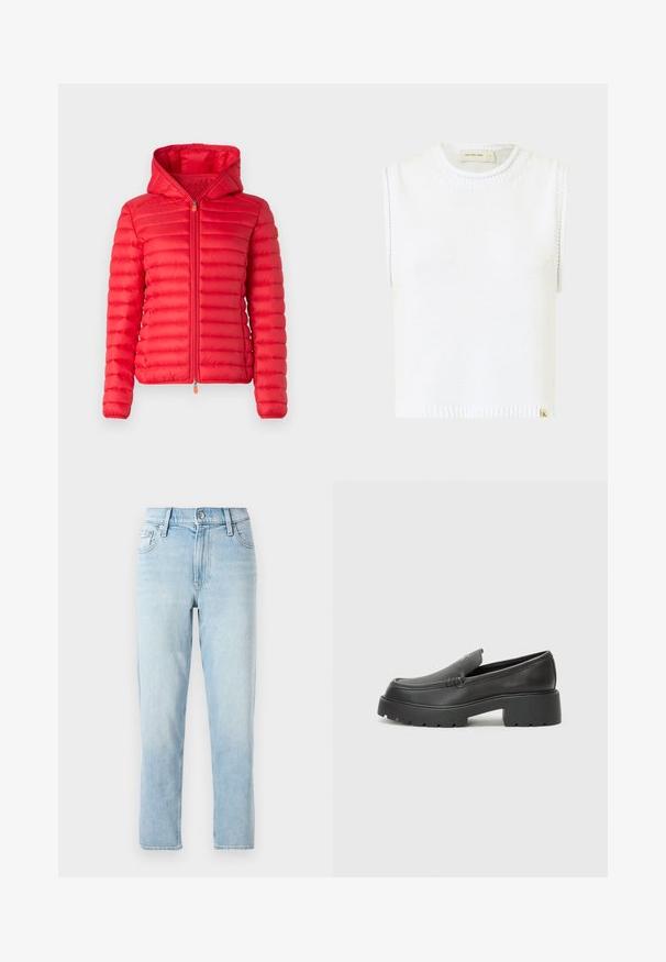 Save the duck DAISY - Välikausitakki - jack red; Valkoinen hihaton neulepaita, jossa on pyöreä pääntie, ribattu helma ja sivusaumadetaljit; varustettu pienellä merkkitagilla alaosassa.; Vaaleansiniset farkut, suora lahjetyyli, keskikorkea vyötärö, viisi taskua ja nappikiinnitys edessä.; Musta nahkakengät, joissa on pyöristetty kärki, paksu teksturoitu pohja ja vähäiset ompeluyksityiskohdat. Tyylikäs muotoilu, jossa ei ole näkyviä nauhoja tai metalliosia.