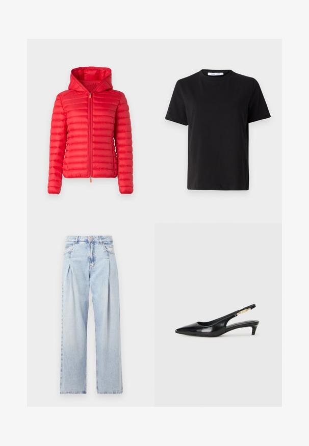 Save the duck DAISY - Lengva striukė - jack red; Juodas trumpas rankovės marškinėliai, pagaminti iš minkštos medvilnės, su apvaliu iškirpimu, laisvu pritaikymu ir lygiu paviršiumi. Nėra matomų raštų ar grafikos.; Šviesiai mėlyni džinsai su aukštu liemeniu, plačiomis kojomis, dviem šoninėmis kišenėmis ir raukinių dizainu. Minkšta tekstūra su nudilusia apdaila.; Juodas odinis pavasario batelių modelis su smailiu nosiu, turintis siaurą kulniuką ir auksinės spalvos akcentu reguliuojamoje juostoje. Lygi tekstūra.