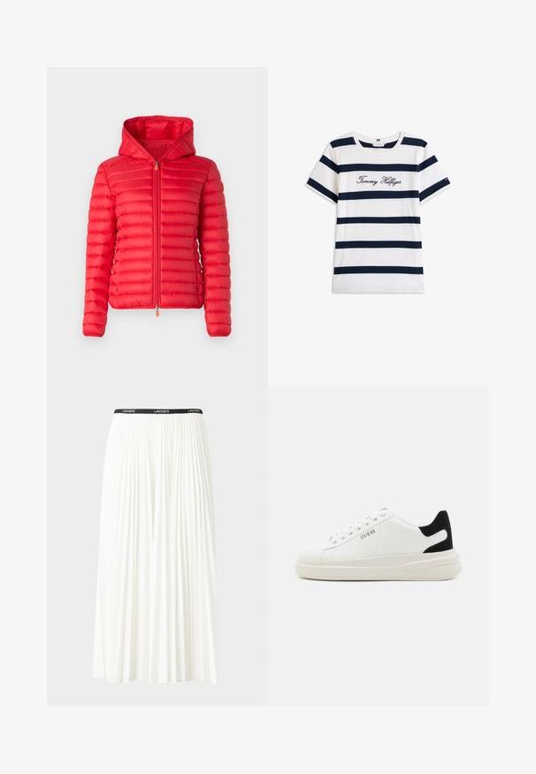 Save the duck DAISY - Viegla jaka - jack red; Kokvilnas T-krekls ar horizontālām tumši zilām svītrām uz balta fona. "Tommy Hilfiger" izšūts skriptā uz krūšu daļas. Cauruma apkakle.; Gari plānas baltas svārku ar melnu elastīgu jostu, uz kuras redzams "LACOSTE" logo. Vidēja garuma dizains ar mīkstu tekstūru.; Baltas ādas sporta apavi ar biezu balto zoli, melna zamša uzpura un izspiestais logotips sānos. Šņorējuma dizains ar sešiem acu caurumiem.