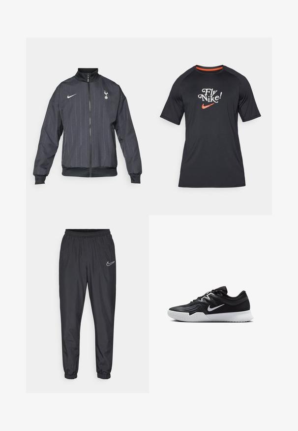 Nike črna športna jakna z visokim ovratnikom, sprednjim zadrgo, teksturiranim vzorcem, belimi logotipskimi akcenti ter elastičnimi manšetami in hemom.; Črna kratkota majica Nike s kratkimi rokavi z napisom "Fly Nike!" in oranžnim logotipom zatiča, izdelana iz gladkega materiala z raglan rokavi.; Črne Nike športne hlače z elastičnim pasom, zožanim nogama in belim logotipom blizu levega bok. Narejene so iz lahkega, gladkega materiala.; Črne atletske čevlje z teksturirano zgornjico, belim Nike znakom in belim gumijastim zunanjim podplatom. Imajo vezalni dizajn in dinamično obliko.