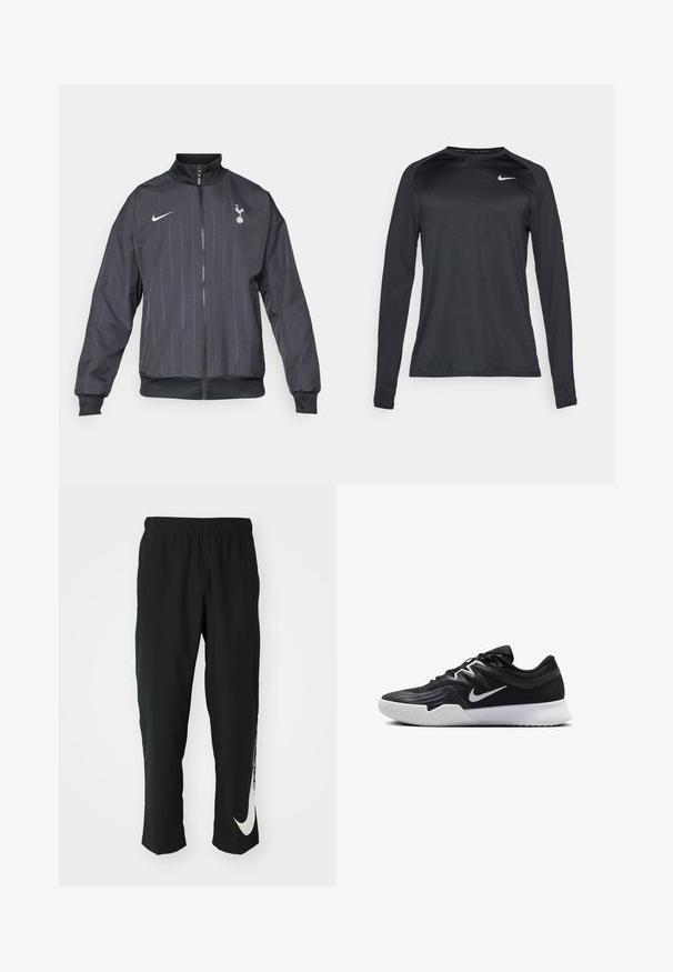 Nike sort løbejakke med høj krave, frontlynlås, tekstureret mønster, hvide logo accenter samt elastiske manchetter og kant.; Langærmet sort træningsskjorte lavet af et glat, strækbart materiale. Har et diskret tekstureret design og et lille hvidt logo på brystet.; Sorte træningsbukser med elastisk talje, der taper ind, og har et stort hvidt Nike-logo på venstre ben. Blødt, letvægtsstof.; Sort atletiksko med en tekstureret overdel, hvid Nike swoosh og en hvid gummisål. Har en snørret design og dynamisk form.
