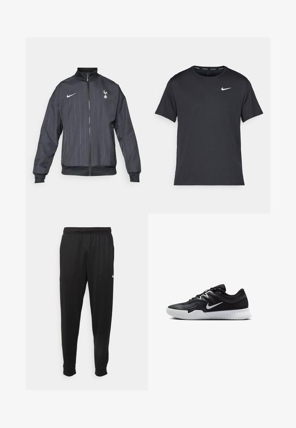 Schwarze Nike-Laufjacke mit hohem Kragen, Frontreißverschluss, strukturiertem Muster, weißen Logoakzenten sowie elastischen Bündchen und Saum.; Schwarzes Nike Lauft-Shirt aus leichtem, atmungsaktivem Material, mit kurzen Ärmeln und einem kleinen weißen Logo auf der Brust.; Schwarze Sporthosen aus glattem Stoff, mit einem elastischen Bund, schmal zulaufenden Beinen und einem kleinen weißen Logo auf der linken Seite.; Schwarzer Sportschuh mit strukturiertem Obermaterial, weißem Nike-Warenzeichen und einer weißen Gummisohle. Verfügt über ein Schnürdesign und eine dynamische Form.