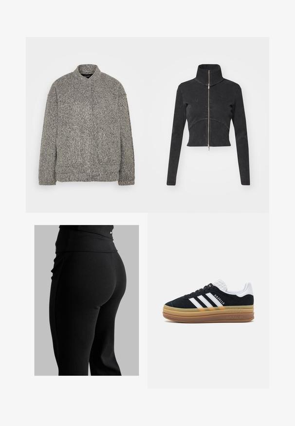 Šedá strukturovaná fleecová bunda s vysokým límcem, dvěma předními kapsami a volným střihem. Disponuje měkkým, zvlněným povrchem a žebrovanými manžetami.; Zkrácená černá džínová bunda s vysokým límcem, plným zipem a dlouhými rukávy. Má zakřivený šev a jemnou strukturu.; Sada bavlněného braletku v námořnické modré a bílé barvě se zvlněným výstřihem, tenkými nastavitelnými ramínky a přiléhavým střihem. Hlavní značka je na vnitřní straně námořnického kousku.; Černé žebrované leginy s vysokým pasem, přiléhavým střihem a hladkou texturou. Obsahují jemný kovový detail v pase.; Černé semišové tenisky s bílými akcenty a třemi pruhy, s texturovaným bílým podpatkem, gumovou podrážkou a brandingem "Gazelle".