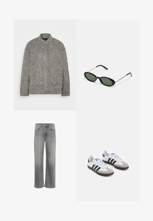 Hallhalli tekstuuriga fleece-jakk kõrge kaelusega, kahe esiosa taskuga ja lõdva istuvusega. Omab pehmet, lainelist pinda ja soonikkoes varrukaid.; Kaks pikapõlvega särki: üks must ja teine valge. Mõlemal on ümmargune kaelus ja sile, ribateraline tekstuur. Brändi silt on nähtav kaeluse sees.; Laia teksad hallist denimist, kõrge vöökoht, viie taskuga, esine nupu sulgemisega ja kanga peene pleekimisega.; Spordijalatsid valge nahkpealsega, halli nubuk-naha otsaga ja kolme musta triibuga. Omab sinist logo keele peal ja struktureeritud kummitalda.; Ovaalsed raamis prillid roheliste läätsedega, mustast plastikust eesmine osa ja õhukesed kuldsed metallist templid. Omab minimalistlikku disaini sujuva tekstuuriga.; Must mustri õlakott, millel on kaarjas kuju, hõbedane kett, eemaldatav mini kotike ja reguleeritav rihm; esiküljel on "Steve Madden" logo.