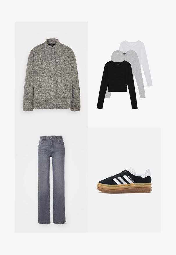 Giacca in pile grigia con texture, colletto alto, due tasche frontali e vestibilità comoda. Presenta una superficie morbida e ondulata e polsini a coste.; Tre magliette a maniche lunghe impilate: nera, grigia e bianca. Ognuna ha un colletto rotondo e un design accorciato con tessuto morbido e leggero.; Jeans grigi ampi realizzati in denim con una finitura liscia, dotati di chiusura con bottone e zip, e cinque tasche.; Sneaker in suede nera con dettagli bianchi e tre strisce, dotata di un tallone bianco testurizzato, suola in gomma e branding "Gazelle".