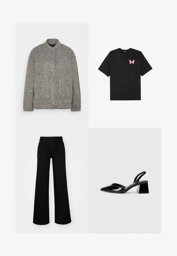 Szürke textúrájú polárdzseki magas gallérral, két elülső zsebbel és laza szabással. Puha, hullámos felülete és bordázott mandzsettái vannak.; Fekete pamut póló rövid ujjakkal, bal mellkason egy kis rózsaszín pillangó grafikával. Kerek nyakú kialakítás, laza fazonnal.; Fekete, bő szárú farmernadrág, amelynek állítható derékrésze van, övhurkokkal és elülső zsebekkel. Simaság jellemzi, klasszikus dizájnnal.; Fekete lakk bőr szandálkés magas sarkú cipő, hegyes orral és geometrikus tömbsarkakkal. Karcsú, minimalista dizájn és sima textúra jellemzi.
