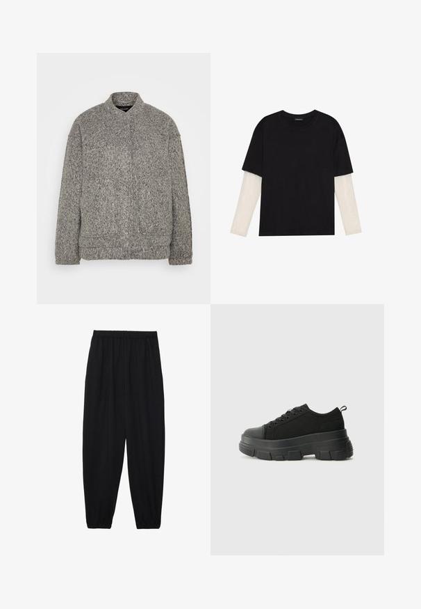 Grijze, gestructureerde fleecejack met een hoge kraag, twee voorzakken en een ontspannen pasvorm. Beschikt over een zachte, golvende oppervlakte en geribbelde manchetten.; Zwarte T-shirt van katoen, met korte mouwen over een witte lange mouw laag met een subtiel textuurpatroon. Ronde hals ontwerp.; Zwarte, lichte broek met een elastische tailleband en gathered enkels. De stof is glad en heeft een ontspannen, taps toelopend ontwerp.; Zwarte sneakers met een stevige rubberen zool, textiel bovenwerk, ronde neus en vetersluiting. Beschikt over versterkte oogjes en een trekstrip aan de achterkant.