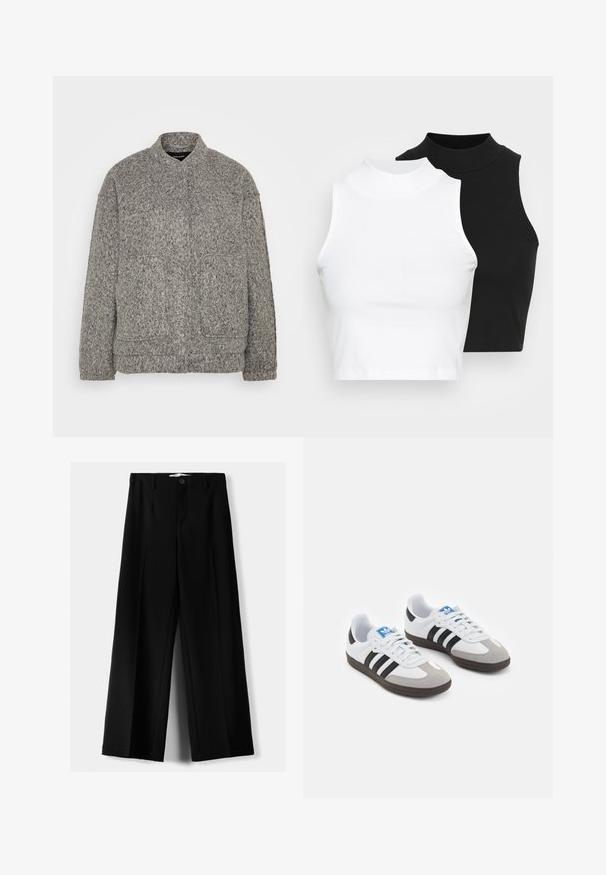 Grijze, gestructureerde fleecejack met een hoge kraag, twee voorzakken en een ontspannen pasvorm. Beschikt over een zachte, golvende oppervlakte en geribbelde manchetten.; Twee mouwloze ribgebreide coltruien in zwart en wit, met een slim fit ontwerp en een gladde textuur, met een cropped lengte.; Zwarte wijde broek van lichtgewicht stof, met een knoopsluiting aan de voorkant en een vlakke achterkant, afgewerkt met keurig gestikte zoom.; Sportschoenen met een witte leren bovenkant, grijze suède neus en drie zwarte strepen. Bevat een blauw logo op de tong en een gestructureerde rubberen zool.